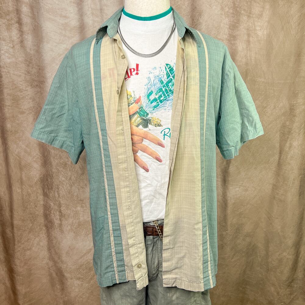 Vintage Color Block Button Up Shirt Striped Pastel Green Beige Short Sleeve 90s